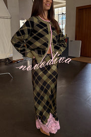 Holiday plaid Satin Unique Print Patchwork Lace Stretch Waist Draped Maxi Skirt