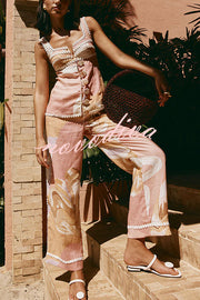 European Summer Linen Blend Ric Rac Trims High Rise Pocket Loose Pants