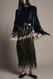 Stylish Sequined Tassel Elegant Midi Skirt