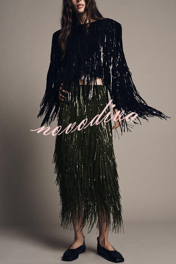 Stylish Sequined Tassel Elegant Midi Skirt