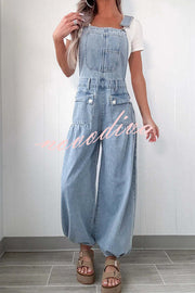 Fashion Casual Pocket Loose Wide-leg Adjustable Leg Cuffs Denim Overalls