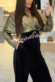 Caitlin Metallic Velvet Patchwork Long Batwing Sleeve Pocket Wide Leg Jumpsuit