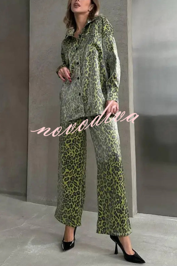 Leopard Print Long-sleeved Casual Top and Loose Elastic Waist Tie Pants Set