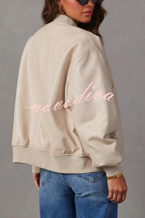 Solid Color Long Sleeve Loose Pocket Leather Jacket