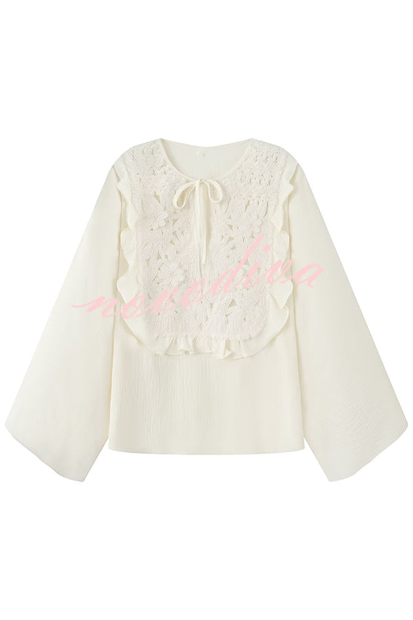 Fashionable Round Neck Tie Hollow Stitching Casual Shirt