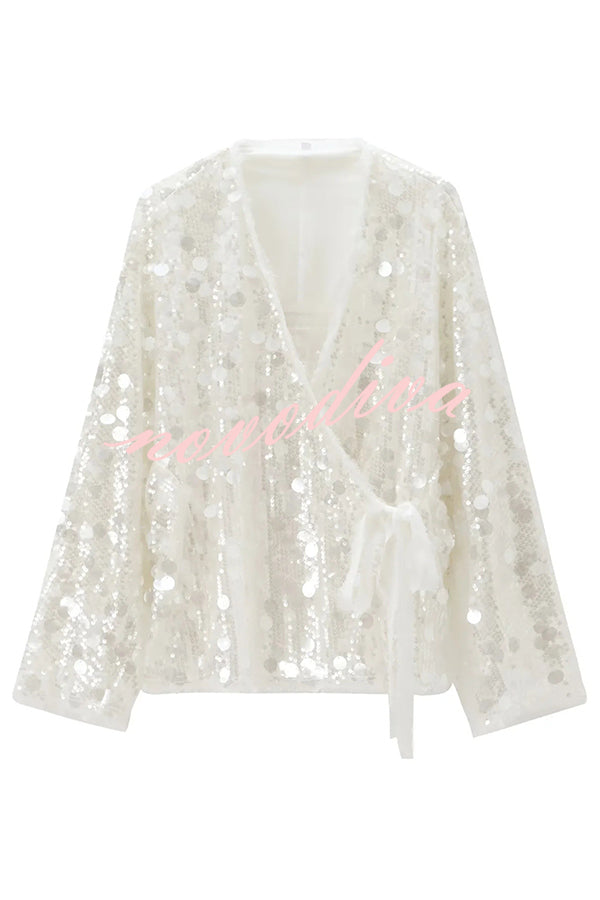 Fashion Sequined Casual Long-sleeved Tie Loose Coat