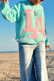 Letter Pattern Crew Neck Long Sleeve Loose Knit Sweater