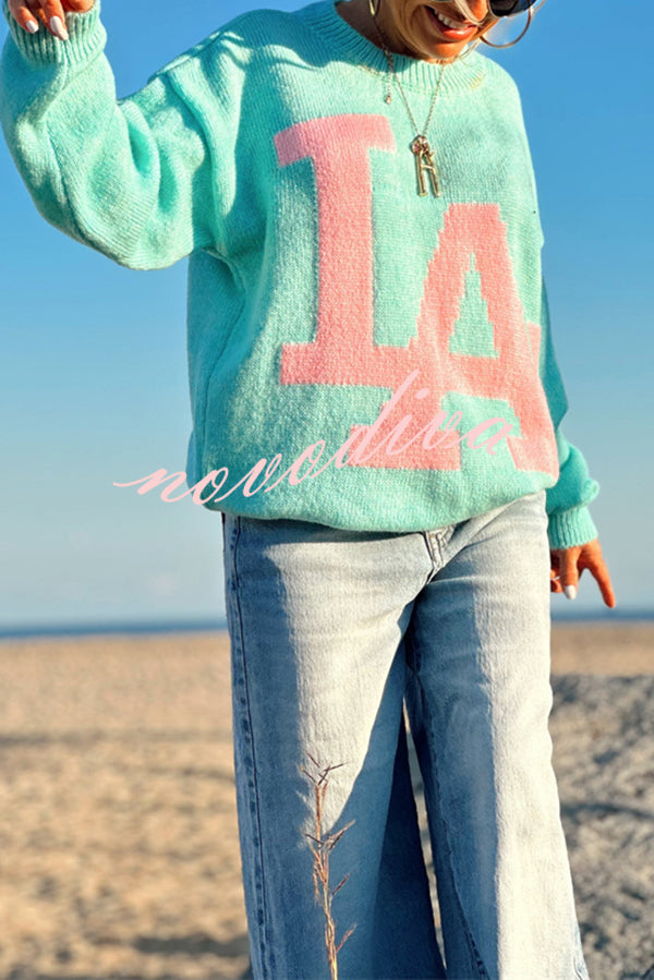 Letter Pattern Crew Neck Long Sleeve Loose Knit Sweater