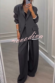 Fashion Sports Style Ribbed Colorblock Lapel Blazer and Elastic Waist Pocket Loose Pants Set