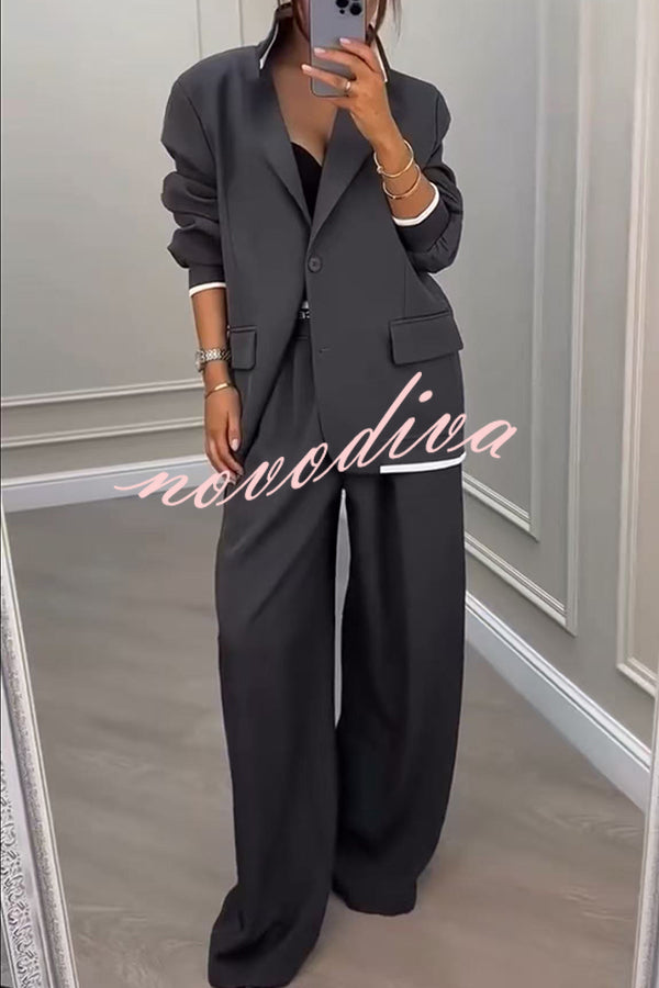 Fashion Sports Style Ribbed Colorblock Lapel Blazer and Elastic Waist Pocket Loose Pants Set