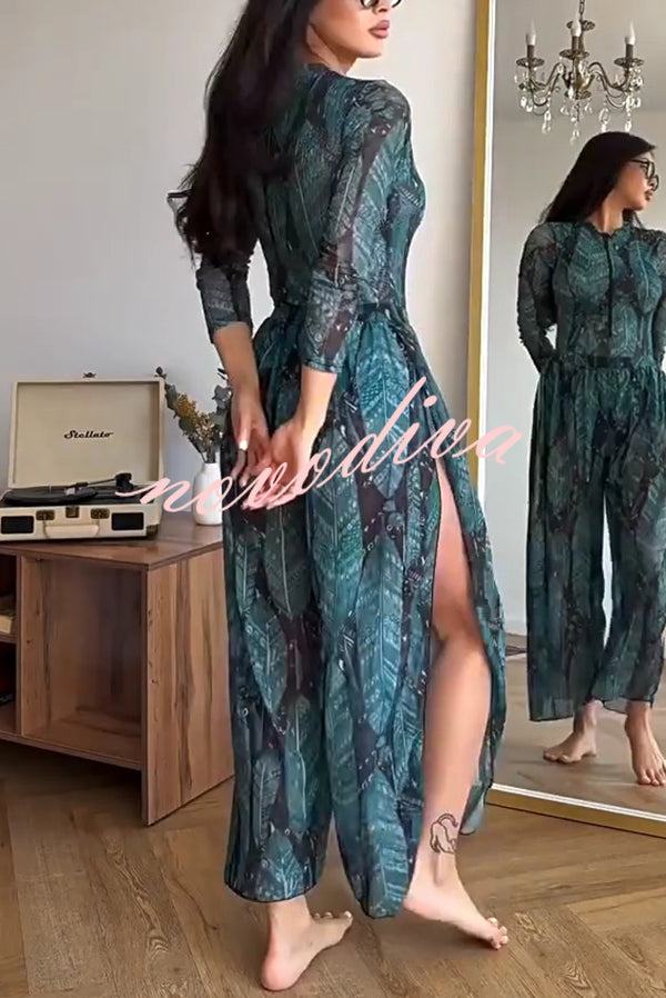 Unique Print One-piece Swimsuit and Cardigan and High Rise Pants Three-piece Set