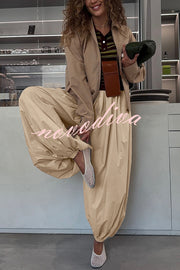 Solid Color Casual Pocket Elastic Waist Lantern Wide Leg Pants