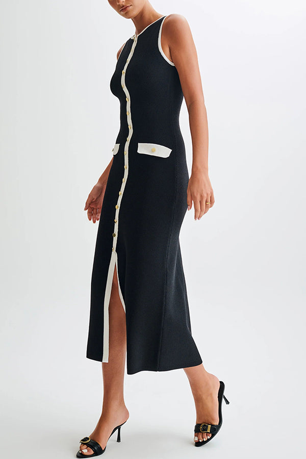 Elegant Slim Fit Crew Neck Buttoned Sleeveless Knit Midi Dress