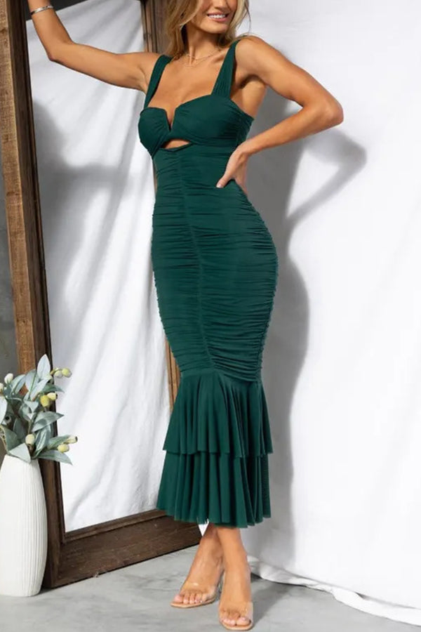 Solid Color High Waist Pleated Mermaid Dress