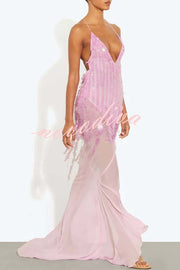 Perfect Night Sequin Embroidery Backless Drape Tulle Hem Slip Maxi Dress