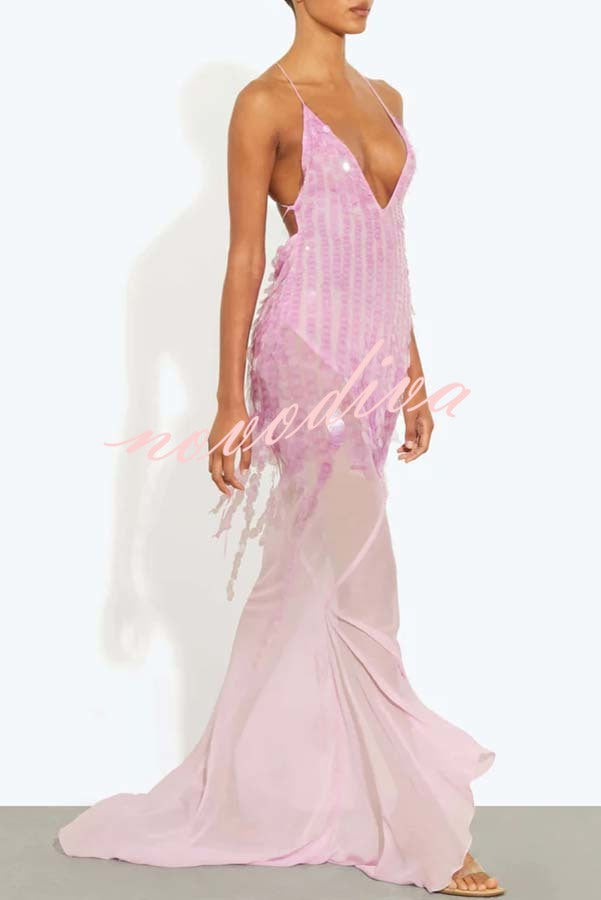 Perfect Night Sequin Embroidery Backless Drape Tulle Hem Slip Maxi Dress