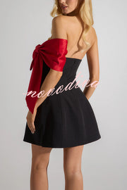 The Best Gift Satin Contrast Color Bow Detail Off Shoulder Mini Dress