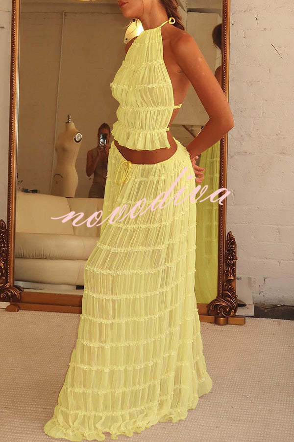 Versatility and Vintage Charm Pleated Drawstring Waist Tiered Maxi Skirt