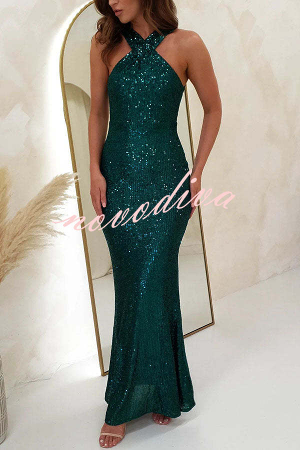 Time To Sparkle Sequin Cross Halter Neck Backless Maxi Dress