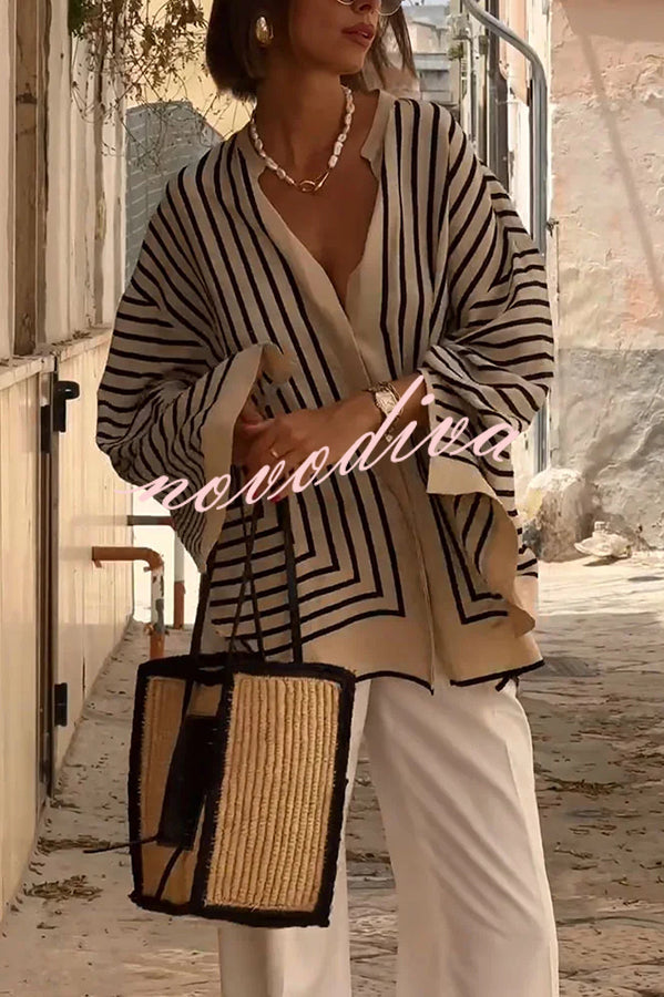 Comfortable and Effortless Striped Long Slit Sleeve Button Relaxed Loose Blouse