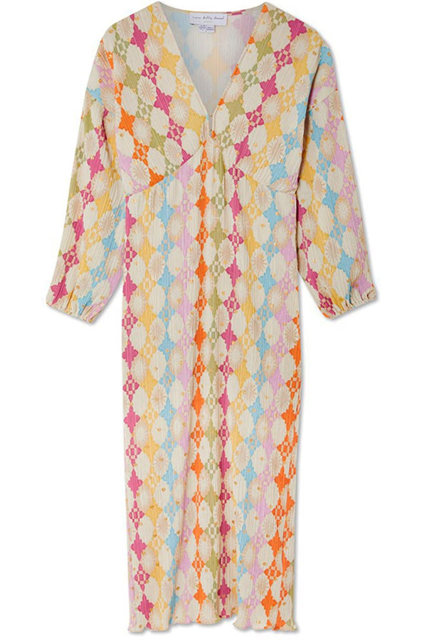 Gorgeous Sunshine Colorful Unique Print Kimono Puff Sleeve Midi Dress