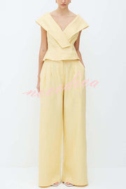 Velena Linen Blend Button Up Lapel Top and High Rise Pocket Wide Leg Pants Set