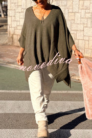 Fashion V-neck Loose Pocket Mid-length Knitted Sweater