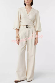 Lets Go Out Linen Blend Balloon Sleeve Wrap Tie-up Loose Top
