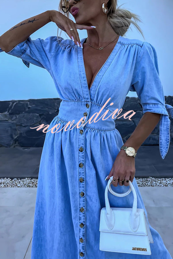 Solid Color V-neck Button-down Denim Midi Dress