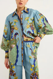 Sun Seeking Unique Heaven Bird Print Balloon Sleeve Button Loose Shirt