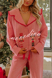 Nutcracker Charm Embroidered Gingham Loose Shirt and Elastic Waist Pajama Set