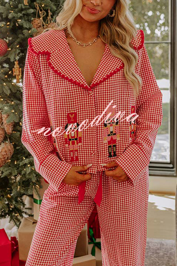 Nutcracker Charm Embroidered Gingham Loose Shirt and Elastic Waist Pajama Set