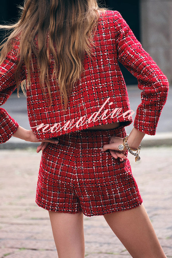 Tweed Plaid Textured Long-sleeved Casual Pocket Jacket