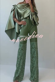 Chic Moment Satin Irregular Knot Slit Sleeve One Shoulder Loose Blouse