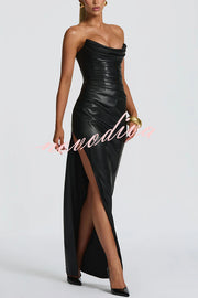 Alba Faux Leather Pleated Off Shoulder Neck Slit Stretch Maxi Dress