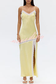 Sweet Trend Satin Lace Trim V-neck Slit Slip Maxi Dress
