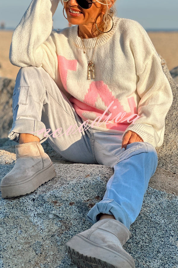 Letter Pattern Crew Neck Long Sleeve Loose Knit Sweater