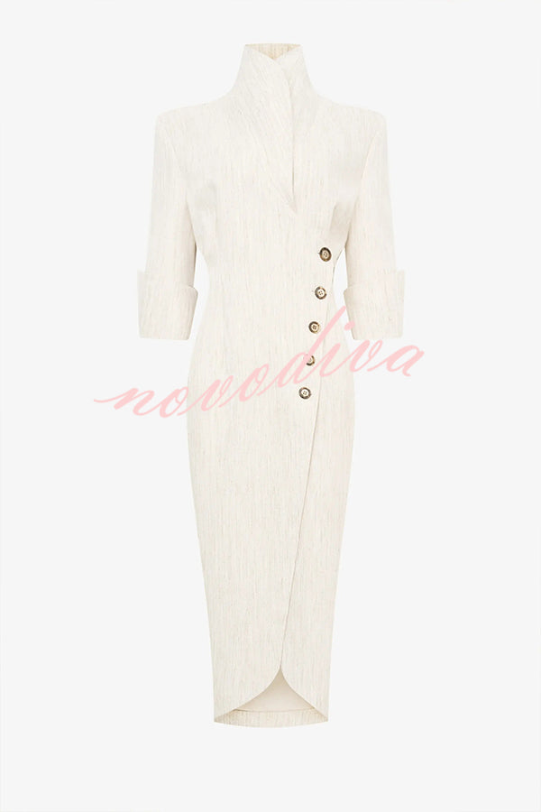 Elegant Look Linen Blend Stand Lapel Neck Half Sleeve Side Button Midi Dress