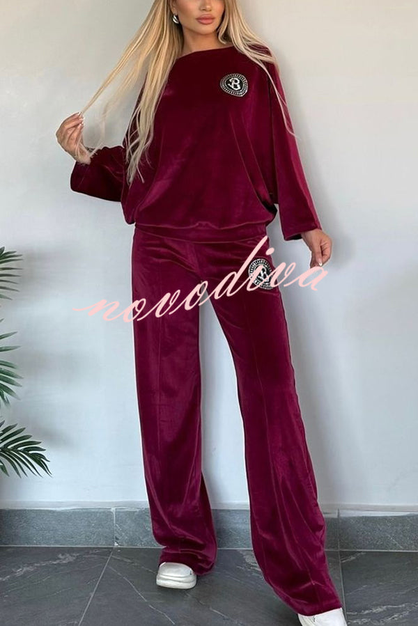 Solid Color Velvet Round Neck Bat Sleeve Casual Top and Elastic Waist Loose Pocket Pants Set