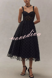 Perfect Guest Tulle Polka Dot Sweetheart Bustier A-Line Midi Dress