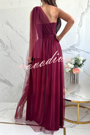 Feeling Galm Tulle Knotted One Shoulder Pleated Slit Maxi Dress