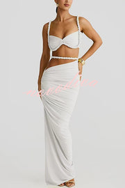 Sexy Halter Back Braided Suspender Top and Beach Holiday Style Hip-wrapped Maxi Skirt Set