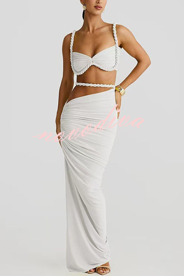 Sexy Halter Back Braided Suspender Top and Beach Holiday Style Hip-wrapped Maxi Skirt Set