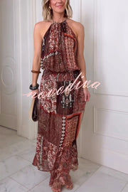Ethnic Boho Colorblock Print Elastic Waist Resort Style Maxi Dress