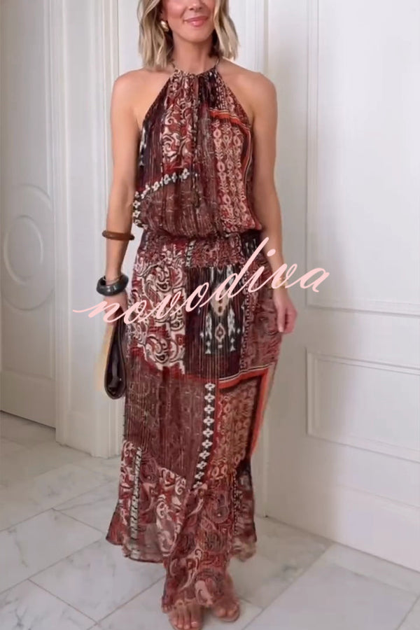 Ethnic Boho Colorblock Print Elastic Waist Resort Style Maxi Dress