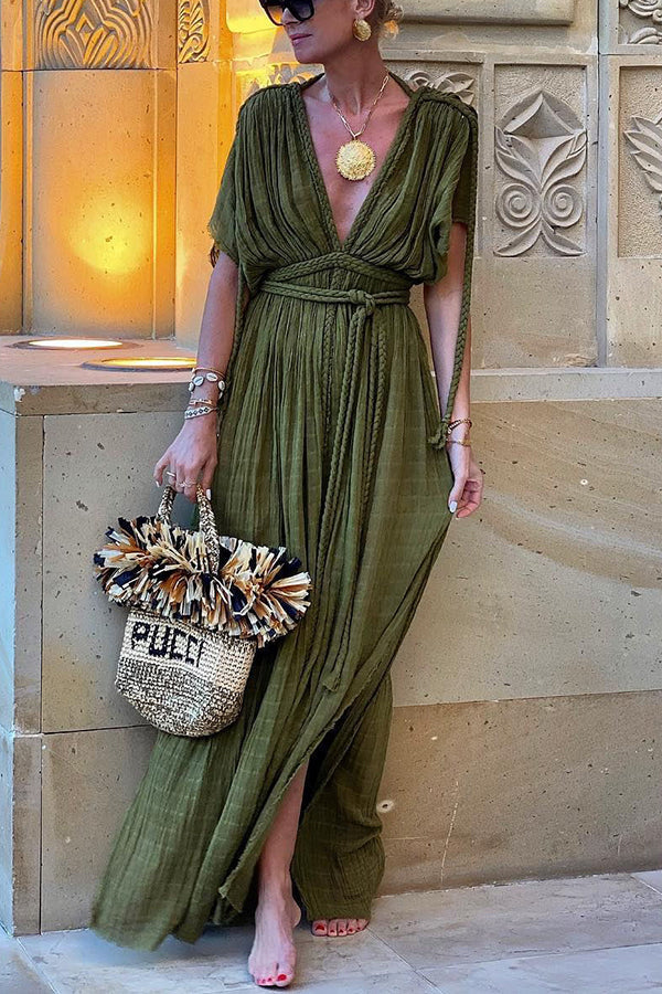 Greek Style Linen Blend Draped Braids Kimono Cover Up Slit Maxi Dress novodiva Greek Style Linen Blend Draped Braids Kimono Cover Up Slit Maxi Dress novodiva
