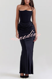 Attend The Gala Strapless Corset Satin Ruched Hip Drape Maxi Dress
