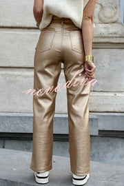 Stylish Metallic Fabric Pocket Casual Straight Wide-Leg Pants
