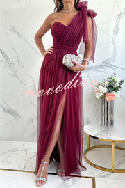 Feeling Galm Tulle Knotted One Shoulder Pleated Slit Maxi Dress