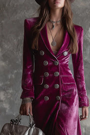Elegant Velvet Collared Long-Sleeved Double-Breasted Midi Dress